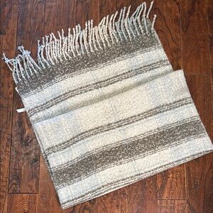 Gray and Cream Striped Fringe Blanket